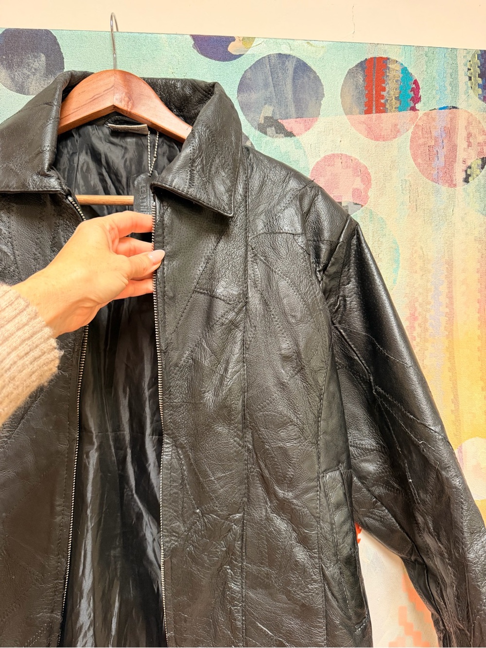 FLIGHT PATH Patchwork Leather Bomber Motorcycle Jacket Mens Size S Black - Picture 9 of 13